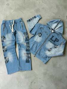 2027 Streetwear Graphic <b>Sweatsuits</b> Cropped Zip up Hoodie and Sweatpants Custom Baggy Distressed Acid Washed Men's Tracksuit Sets - Product Image 3