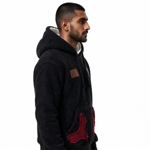 ACCEPT INDUSTRY Men's <b>Red</b> Fleece <b>Hoodie</b> With Black Flame Embroidery And Eagle Logo Front Pocket Casual Winter Wear - Product Image 4