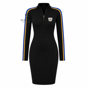 Robe moulante pour femme Sigma Gamma Rho, à manches contrastées rayées, col montant zippé, longueur genou, coupe ajustée décontractée - Product Image 1