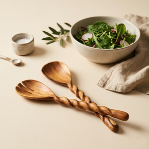 Handcrafted Wood Salad Server Set Premium Twisted Spiral Handle Wooden Salad <b>Tongs</b> Eco-Friendly Sustainable Hand-Carved <b>Serving</b> - Product Image 3