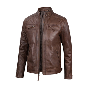 Chaqueta de cuero genuino marrón para motocicleta para hombre, abrigo de motociclista con cremallera, resistente al viento, transpirable, ropa de calle - Product Image 3