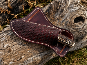 Cuchillo vaquero Skinner de acero damasco y cobre con funda de cuero y mango de asta de ciervo, regalo para él, regalos de boda. - Product Image 6