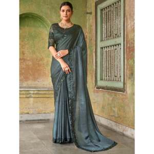 Magnifique saree en satin brodé noir avec chemisier - Product Image 1