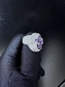 925 Sterling <b>Silver</b> Purple Flower <b>Ring</b> Iced Out Moissanite <b>Statement</b> <b>Ring</b> Luxury Floral Cocktail <b>Ring</b> For Women - Product Image 3