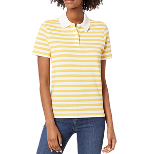 Polo à manches courtes rayé jaune et blanc pour femme, haut décontracté en coton tricoté - Product Image 4