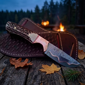 Couteau de chasse artisanal en acier Damas avec manche en bois de cerf et étui en cuir – Couteau à lame fixe haut de gamme pour le bushcraft en extérieur - Product Image 4
