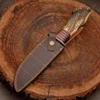 Couteau Bowie de camping d'extérieur personnalisé OEM Pasha Enterprises, lame fixe en acier Damas de qualité industrielle, pointe clip, manche en bois de cerf, entièrement fini