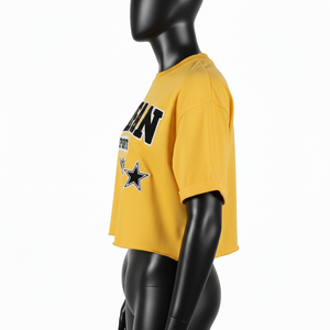 T-shirt court pour femme en jersey de coton doux, jaune, style streetwear, avec broderie graphique, appliqué, logo personnalisé. - Product Image 6