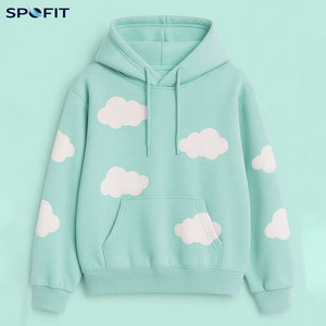 เสื้อฮู้ดพิมพ์ลายเมฆสีฟ้าอ่อนสำหรับผู้หญิง SPOFIT เสื้อสเวตเชิ้ตถักแบบลำลองมีกระเป๋า ทรงปกติ ใส่ได้ในฤดูใบไม้ผลิ - Product Image 3