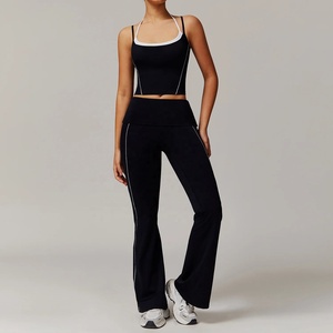 2 Pieces Women's Solid Front Gym Sportswear Set Mid <b>Waist</b> Yoga <b>Leggings</b> Fitness Bra Workout Clothes Wool/Polyester Sports Suit - Product Image 1