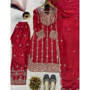 Hermoso Salwar Kameez de Seda con Parte Superior e Inferior Bordadas y Dupatta para Bodas, Talla XL - Product Image 2