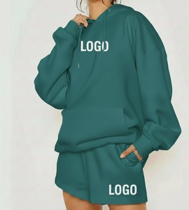 Ensemble de sweat-shirt à capuche en polaire rose pour femmes, coupe ample décontractée, couleur unie, ensemble de 2 pièces avec short, à porter en toutes saisons - Product Image 5