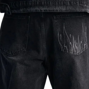 Pantalones Vaqueros Negros para Hombre, Diseño de Calavera en Llamas, Corte Recto, Estilo Vintage Lavado, Ropa Casual Urbana, Pantalones Personalizados de Moda para Hombre - Product Image 4
