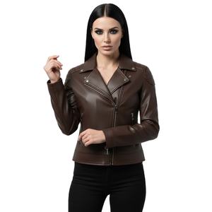 Chaqueta de Motociclista de Cuero Marrón Oscuro con Logotipo Personalizado, Venta al por Mayor, Etiqueta Privada, Estilo Motero Genuino, Abrigo para Mujer de Fábrica - Product Image 1