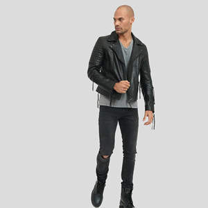 Chaqueta de Motociclista Personalizada para Hombre, de Cuero Genuino Negro, con Hombros y Mangas Acolchados, con Cierre - Product Image 2