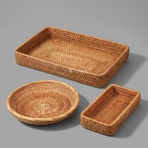 Juego de 3 bandejas de té de ratán natural, bandeja de almacenamiento versátil para frutas, pan, baño y organización del hogar/oficina - Product Image 1