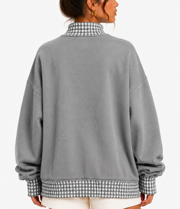 Sweat-shirt à col montant pour femme THETE, coupe ample, en tissu épais, patchwork à carreaux, style décontracté, pull universitaire - Product Image 6