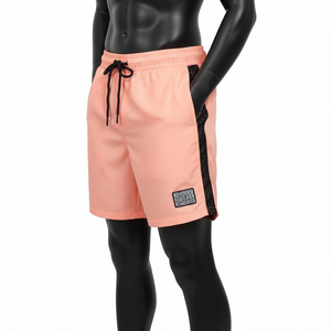 Shorts de baño para hombre Premium 120 GSM de microfibra de poliéster de secado rápido color melocotón con paneles laterales de malla y logo con transferencia térmica. - Product Image 3