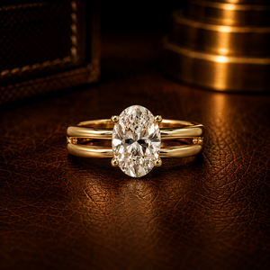 Anillos de compromiso de oro puro de 14k con diamante cultivado en laboratorio de corte ovalado estilo Art Deco vintage de 2.00 ct, certificado IGI, y anillos de boda de vástago ancho dividido. - Product Image 1
