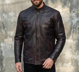 Men's Genuine Leather Jacket <b>Vintage</b> Distressed Brown Black Leather Motorcycle Biker Jacket Custom Manufacturer - Product Image 1