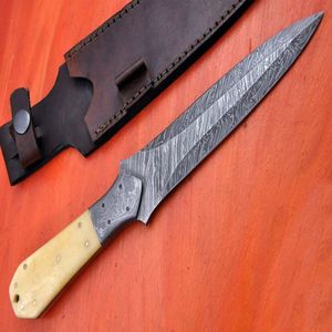 Cuchillo de Hoja Fija de Acero de Damasco, Cuchillo de Caza con Punta Caída, Grosor de 0.6mm, Mango de Marfil, Funda de Cuero - Product Image 1