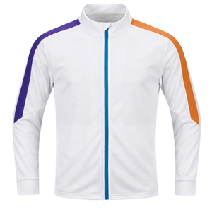 Men's <b>White</b> Color Blocking Racer <b>Jacket</b> With Purple Orange Stripes Full Zip Stand Collar Sporty Breathable Polyester Spring Wear - Product Image 1