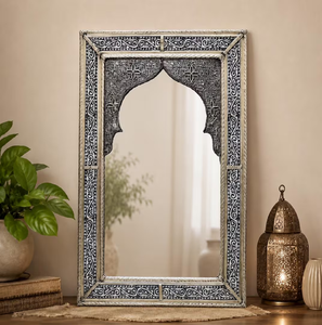This striking, modern black <b>wall</b> <b>mirror</b> features a beautiful silhouette over a classic lattice mesh available at wholesale price - Product Image 4