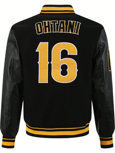 แจ็กเก็ตเบสบอลวิทยาลัยลายหนาสำหรับผู้ชายแจ็คเก็ตบอมเบอร์ผ้าขนสัตว์สีตัดกันมีสไตล์ - Product Image 4