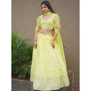 ชุด lehenga choli ผ้าเลื่อมสีเขียวมะนาวสวยงาม - Product Image 6