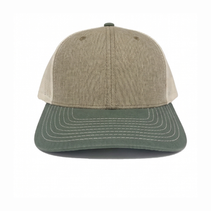 Gorra Trucker Personalizada al por Mayor de 6 Paneles con Visera Curva, Mezcla de Algodón Gris, Parte Trasera de Malla Beige, Visera Verde Oliva, Cierre Snapback - Product Image 1