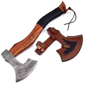 Hacha de Acero de Damasco con Mango de Madera y Funda de Cuero, Hacha de Caza de Grado Industrial para Exteriores - Product Image 1