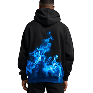 Premium Men's Heavyweight Black Flare Print Hoodie Oversized Cotton Fleece Pullover with Modern Abstract Gradient Design Style - Product Image 3