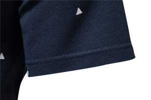 Navy Blue Short Sleeve <b>Polo</b> Shirt With <b>White</b> Geometric Pattern Slim Fit Casual Knitted T-Shirt - Product Image 4
