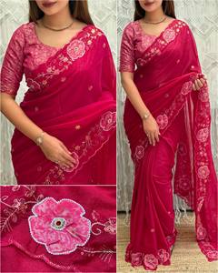 Elegante Saree de Chifón Puro NC con Bordado de Lentejuelas Zari y Apliques, Saree de Diseñador para Fiestas - Product Image 2