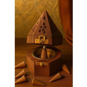 <b>Decorative</b> Solid Wood Incense Censer Holder With Unique Geometric Carved Panels Covered Lid And Inner Metal Bowl For Dhoop Batti - Product Image 2