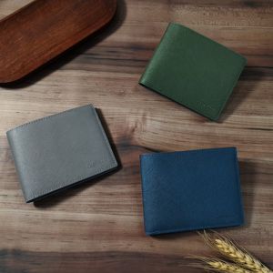 High Quality Men's Bi-fold Billfold ID Card <b>Wallet</b> Passcase Castello Genuine Leather Embossed Logo Navy Green Grey Open - Product Image 2