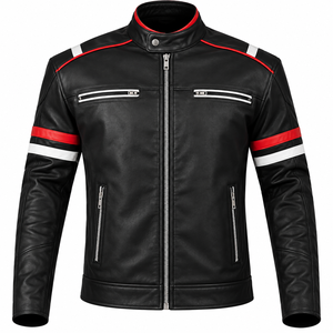 Blouson moto en cuir PU noir pour homme, col montant, fermeture éclair, coupe ajustée, manches classiques, pour l'automne, motif rayé rouge et blanc - Product Image 1