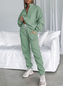 Women Solid Color Half-Zip Tracksuit Set Loose Fit Cotton Sweatshirt And Joggers With Side Pockets Autumn Casual Wear - Product Image 3