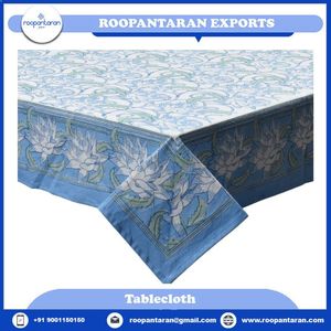 Mantel Rectangular Clásico con Estampado Floral, Algodón Estampado a Mano BlueWood, 150x220 cm, Elegante Color Azul Gud con Loto Japonés - Product Image 4