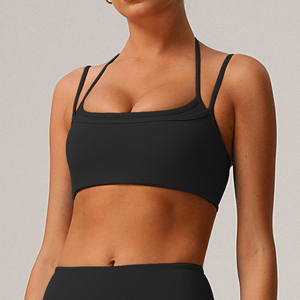 Women's Lightweight Seamless Sports <b>Bra</b> with Longline Spaghetti <b>Straps</b> Breathable Wirefree Workout Yoga <b>Bra</b> with Front Logo - Product Image 5