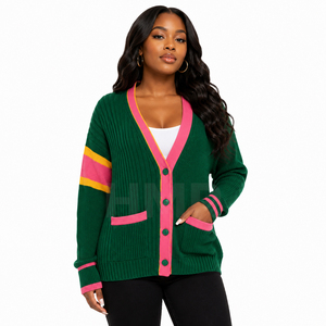 Fabricant OEM ODM HMR, cardigan d'automne pour femmes, tricoté, style universitaire, uni, vert et rose, boutonné - Product Image 1