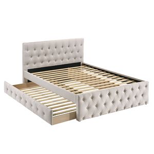 Letto singolo contemporaneo imbottito in tela marrone chiaro con letto estraibile, doghe e testiera e pediera trapuntate, mobili per camera da letto per ragazzi - Product Image 4