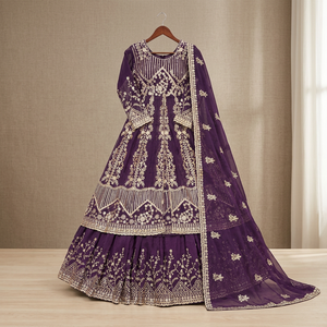 Ensemble Anarkali en soie brodée violette avec dupatta pour femmes, tenue de mariage et de fête, robe traditionnelle indienne et pakistanaise - Product Image 1
