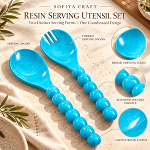 ชุดอุปกรณ์เสิร์ฟสลัดเรซิ่นสีฟ้าคราม SOFIYA CRAFT พร้อมด้ามจับลายหินอ่อนประดับลูกปัด ช้อนส้อมสำหรับเสิร์ฟ ใช้กับเครื่องล้างจานได้ เหมาะสำหรับใช้ในครัว - Product Image 4