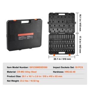 Set di chiavi a bussola a impatto da 59 pezzi in acciaio legato Cr-Mo a 6 punte, da 5/16'' a 1-1/4'' (6-32mm) con attacco da 3/8'' e 1/2'', del marchio Au - Product Image 4