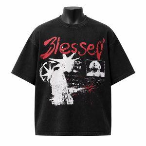 Blessed Print Men's T-Shirt O-Neck Short Sleeve Regular Fit Streetwear 100% Cotton Jersey Washed Front <b>Logo</b> Black 240g - Product Image 1