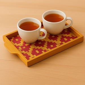 Rectangular Woven <b>Bamboo</b> Serving Tray With Integrated Wooden Handle Red And Natural Geometric Pattern - Product Image 3