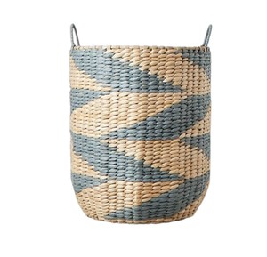 Blue Pattern Water Hyacinth <b>Basket</b> Handwoven <b>Storage</b> <b>Basket</b> for Laundry Blanket <b>Toy</b> Organizer Rustic Home Decor - Product Image 2