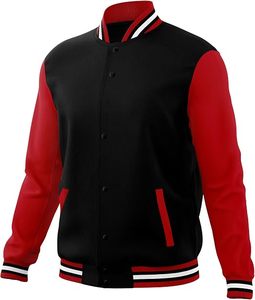 Veste varsity noire et rouge pour homme, col rond, simple boutonnage, coupe classique, style décontracté, en cuir véritable, réversible, séchage rapide, hiver - Product Image 2
