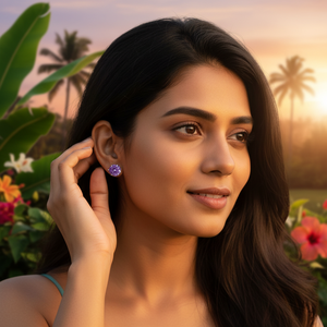 Rajasthani Style Handmade Amethyst <b>Stud</b> <b>Earrings</b> 925 Sterling <b>Silver</b> Stylish Jewellery For Women And Girl Wear In Wedding Party - Product Image 5